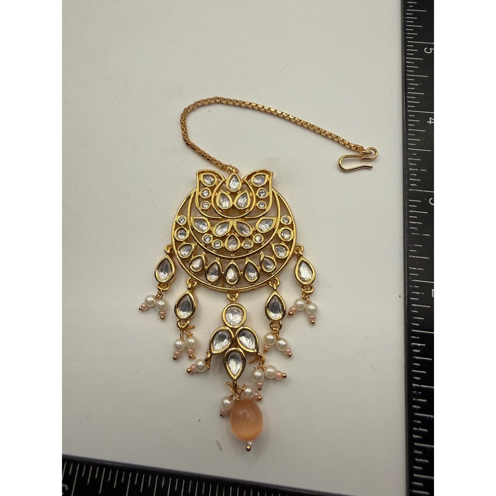 Gold‎ Tone Kundan Maang Tikka Indian Bridal Hair Jewelry Pearl Peach Headpiece